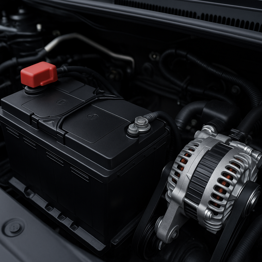 Car battery and alternator in engine bay