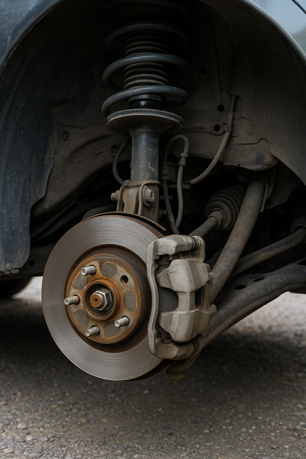 Brake rotor, caliper, and suspension assembly