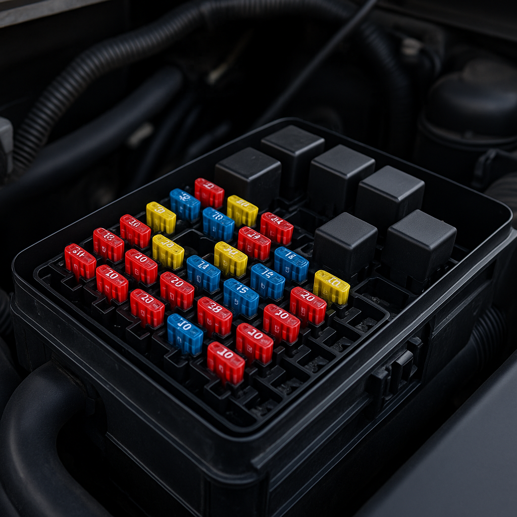 Open engine-bay fuse box with fuses and relays