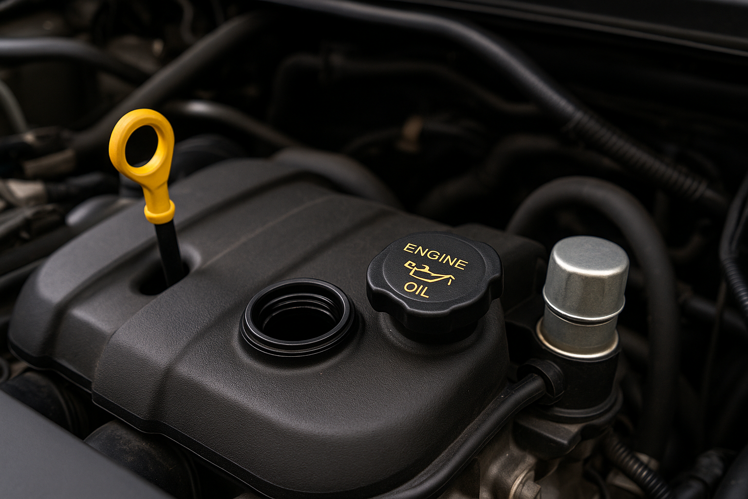 Engine oil cap, dipstick, and filter area