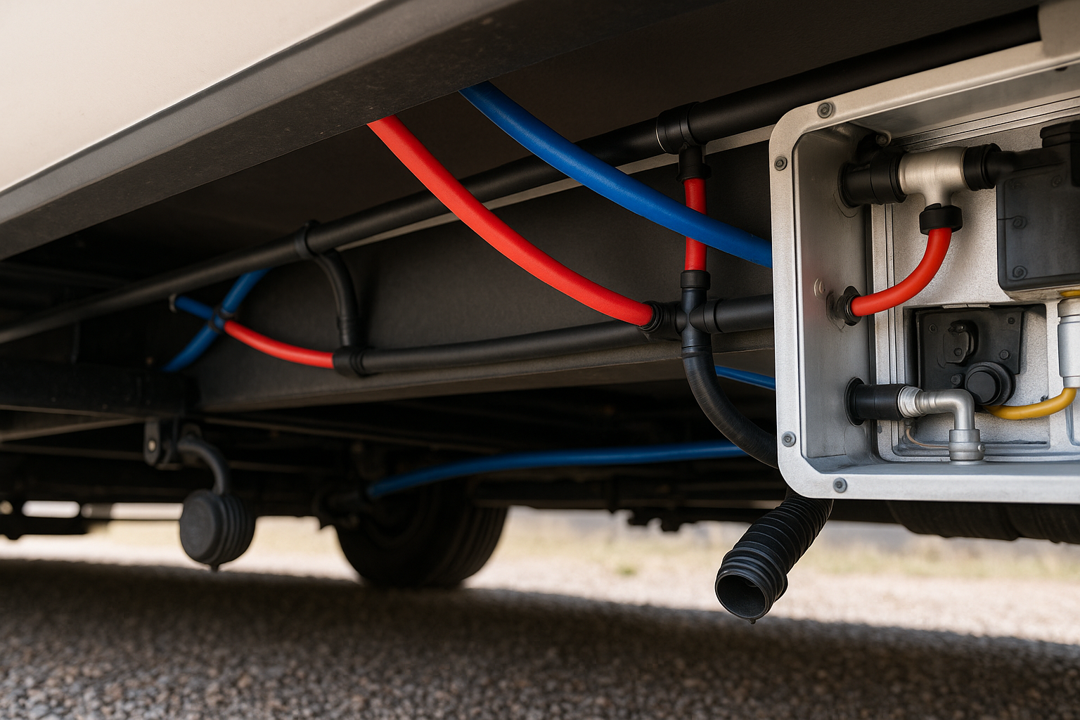 RV undercarriage plumbing (PEX, drains, water heater lines)
