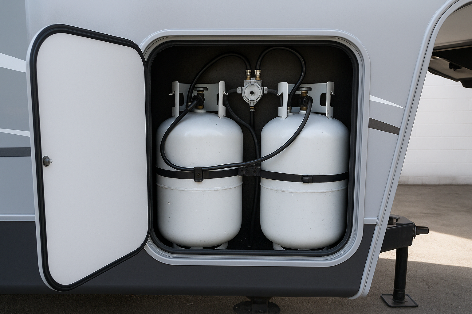 RV propane tanks and regulator compartment