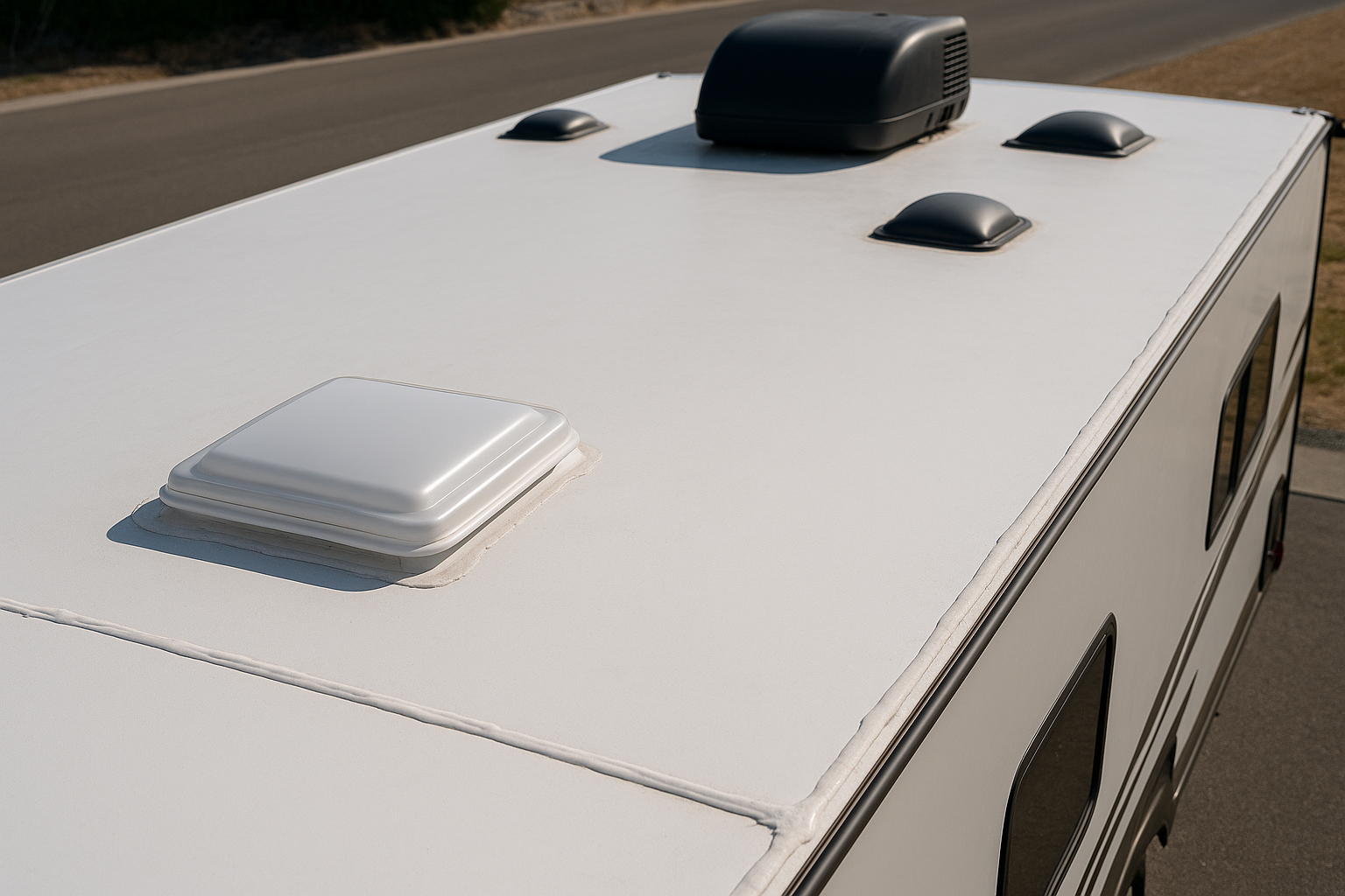 RV roof with vents and sealed seams